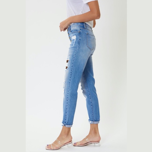 KanCan Women High Rise Blue Light Wash Distressed Leopard Patches Jeans size 27 - Picture 5 of 10